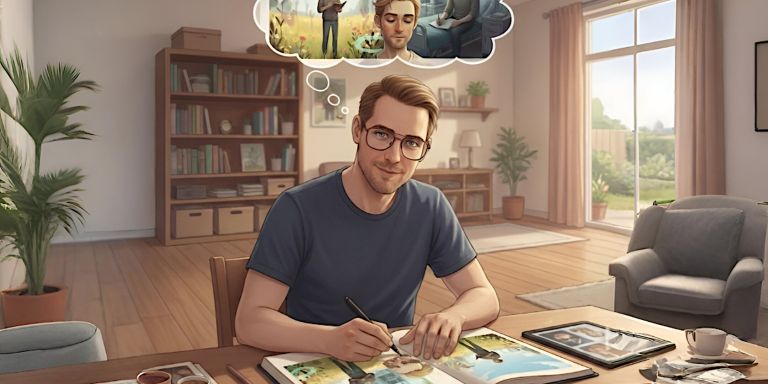 KI-generiertes Bild von Fabian am Schreibtisch, wie er an seinem Bilderbuch arbeitet. 