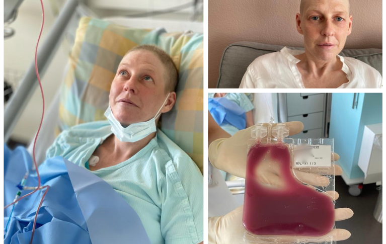 Bildercollage: Elin im Spitalbett, Elin mit Glatze, Beutel mit Blutstammzellen