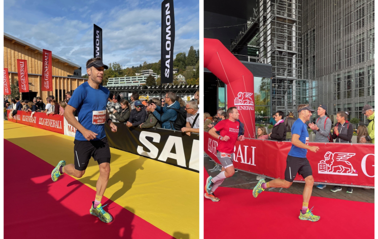 Zwei Fotos von Raphael Marchon beim Zieleinlauf des Marathons