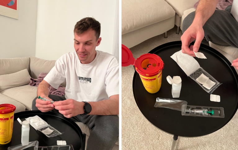 Fotocollage: Mann auf der Linken Seite mit Spritze für Wachstumsfaktoren in der Hand. Rechte Seite: Tisch mit Untensilien, um sich Wachstumsfaktoren zu spritzen auf einem kleinen Beistelltisch.