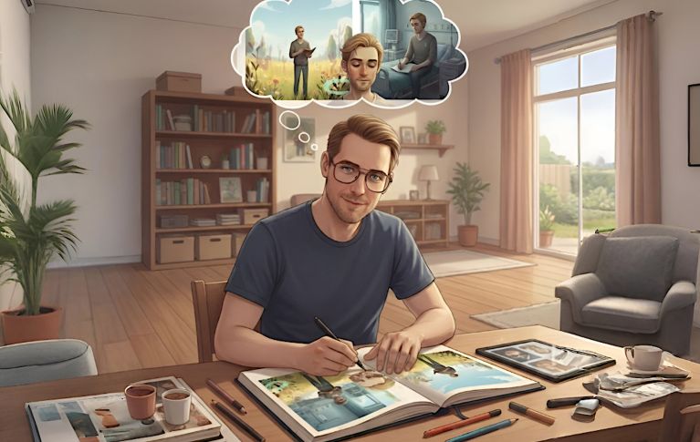 KI-generiertes Bild von Fabian am Schreibtisch, wie er an seinem Bilderbuch arbeitet. 