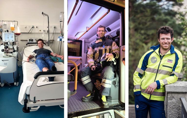 Drei Fotos von Fabian: Bei der Blutstammzellspende, als Feuerwehrmann und als Samariter