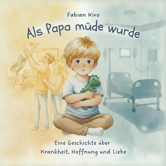 Couverture du livre « Quand papa était fatigué », un garçon au premier plan avec un dinosaure en peluche